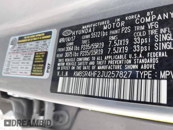 2018 Hyundai Santa Fe Limited Ultimate z VIN KM8SR4HF2JU257827, wystawiony jako IAAI lot #43146873 z przebiegiem 61 402 mil mil oraz . Historia ofert i sprzedaży dostępna na DreamBid. Obrazek 9.