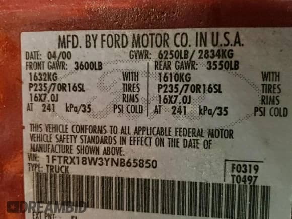2000 Ford F-150 XL with VIN 1FTRX18W3YNB65850, listed as a Copart auction lot 52570145 with Not provided miles and Salvage title. Bid and sale history available at DreamBid. Image 13.