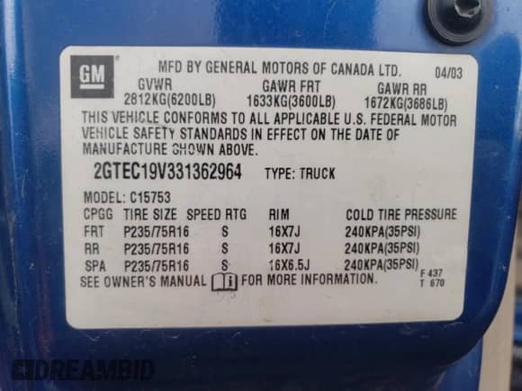 2003 GMC Sierra 1500 with VIN 2GTEC19V331362964, listed as a Copart auction lot 77124684 with 342,298 mi miles and Salvage title. Bid and sale history available at DreamBid. Image 14.