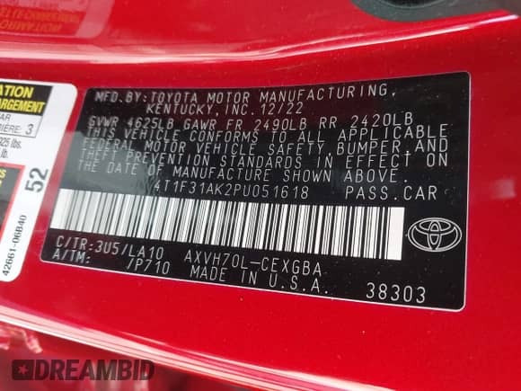 2023 Toyota Camry Hybrid XLE с VIN 4T1F31AK2PU051618, выставлен на аукционе IAAI как лот 42805098 с пробегом 23 403 миль миль и . История ставок и продаж доступна на DreamBid. Изображение 9.