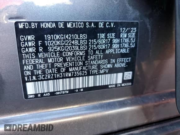 2024 Honda HR-V LX z VIN 3CZRZ1H31RM735625, wystawiony jako Copart lot #85853535 z przebiegiem 14 693 mil mil oraz Szkoda całkowita • Salvage title. Historia ofert i sprzedaży dostępna na DreamBid. Obrazek 12.