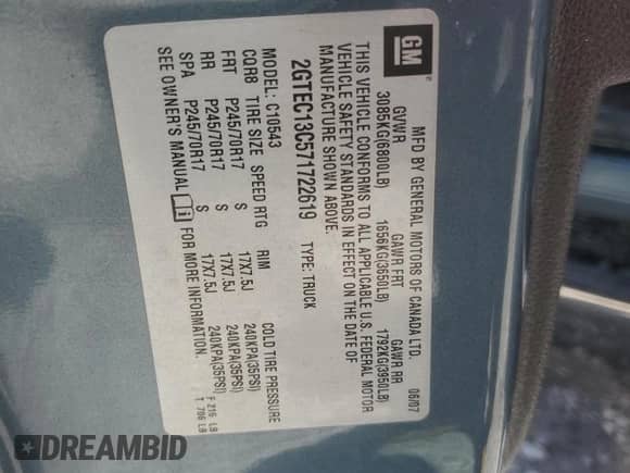 2007 GMC Sierra 1500 SLE1 z VIN 2GTEC13C571722619, wystawiony jako Copart lot #70695765 z przebiegiem 141 826 mil mil oraz Szkoda całkowita • Salvage title. Historia ofert i sprzedaży dostępna na DreamBid. Obrazek 12.