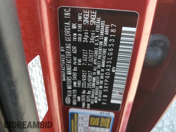 2020 Kia Sorento LX с VIN 5XYPGDA35LG653187, выставлен на аукционе Copart как лот 80544365 с пробегом 80 904 миль миль и Списание • Salvage title. История ставок и продаж доступна на DreamBid. Изображение 13.