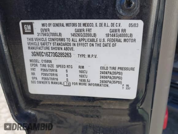 2003 Chevrolet Suburban LT z VIN 3GNEC16Z73G285263, wystawiony jako IAAI lot #41966145 z przebiegiem 197 966 mil mil oraz . Historia ofert i sprzedaży dostępna na DreamBid. Obrazek 9.
