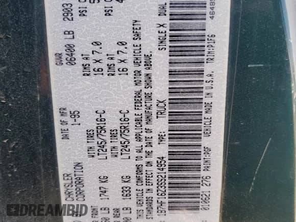 1995 Dodge 1500 с VIN 1B7HF16Z3SS214954, выставлен на аукционе Copart как лот 54198715 с пробегом 266 965 миль миль и Чистый • Clean title. История ставок и продаж доступна на DreamBid. Изображение 12.