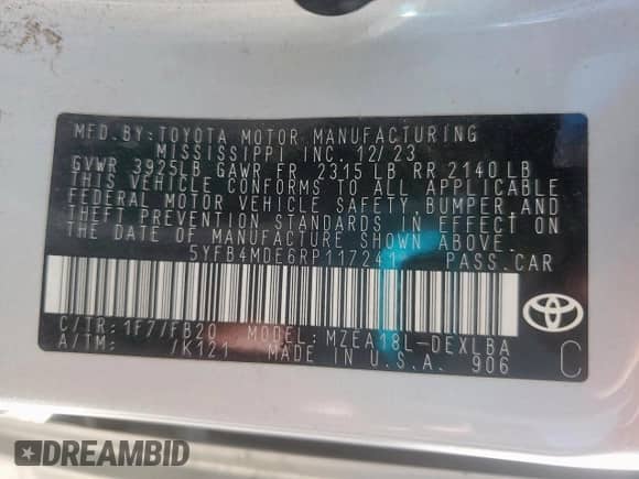 2024 Toyota Corolla LE with VIN 5YFB4MDE6RP117241, listed as a Copart auction lot 70842285 with 34,351 mi miles and Salvage title. Bid and sale history available at DreamBid. Image 12.