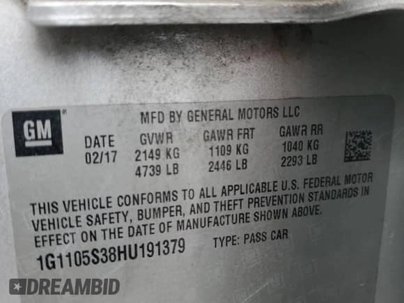 2017 Chevrolet Impala LT with VIN 1G1105S38HU191379, listed as a Copart auction lot 70675235 with 145,940 mi miles and Salvage title. Bid and sale history available at DreamBid. Image 12.