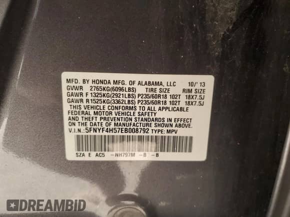 2014 Honda Pilot EX-L with VIN 5FNYF4H57EB008792, listed as a Copart auction lot 80823265 with 208,875 mi miles and Salvage title. Bid and sale history available at DreamBid. Image 13.