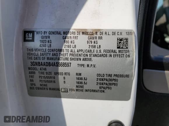 2010 Chevrolet HHR LS with VIN 3GNBAADB4AS568597, listed as a Copart auction lot 70480674 with 198,987 mi miles and Salvage title. Bid and sale history available at DreamBid. Image 12.