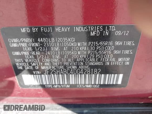 2013 Subaru Forester X z VIN JF2SHABC4DG428182, wystawiony jako IAAI lot #43483987 z przebiegiem 180 671 mil mil oraz . Historia ofert i sprzedaży dostępna na DreamBid. Obrazek 9.