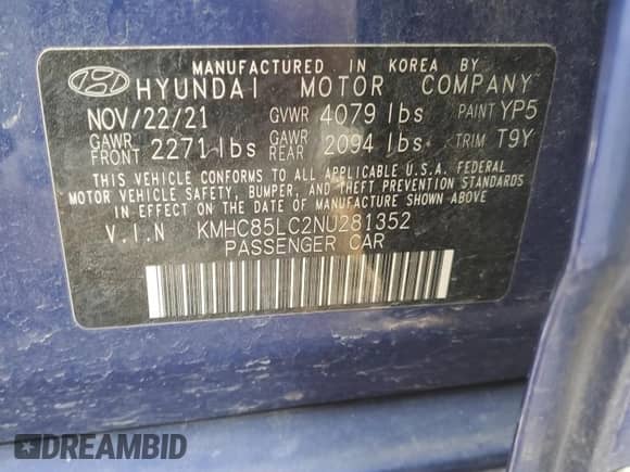 2022 Hyundai Ioniq SEL с VIN KMHC85LC2NU281352, выставлен на аукционе Copart как лот 83107334 с пробегом 53 726 миль миль и Списание • Salvage title. История ставок и продаж доступна на DreamBid. Изображение 12.