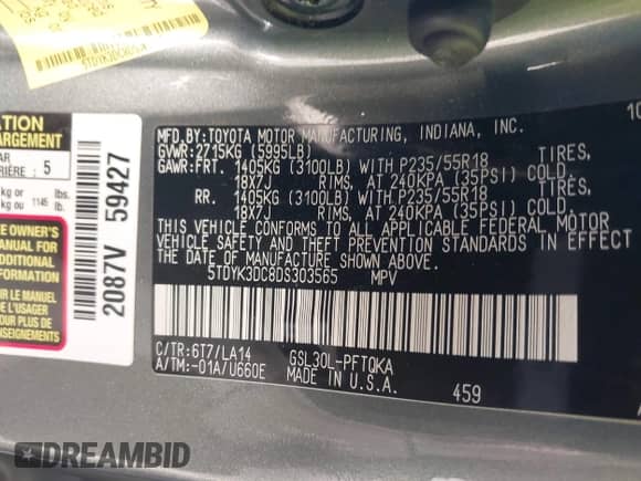 2013 Toyota Sienna XLE AAS с VIN 5TDYK3DC8DS303565, выставлен на аукционе IAAI как лот 43243035 с пробегом 87 230 миль миль и . История ставок и продаж доступна на DreamBid. Изображение 9.