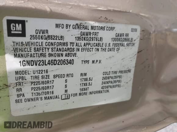 2006 Chevrolet Uplander LS Fleet с VIN 1GNDV23L46D206340, выставлен на аукционе IAAI как лот 42423001 с пробегом 212 975 миль миль и . История ставок и продаж доступна на DreamBid. Изображение 9.