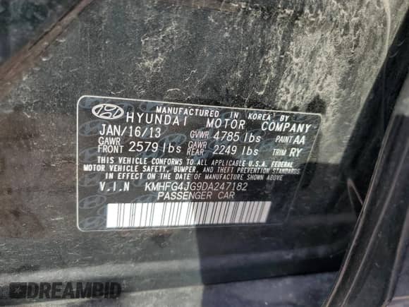 2013 Hyundai Azera с VIN KMHFG4JG9DA247182, выставлен на аукционе Copart как лот 80632825 с пробегом Не указан миль и Списание • Salvage title. История ставок и продаж доступна на DreamBid. Изображение 12.