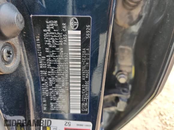 2019 Toyota Camry SE z VIN 4T1B11HK5KU751832, wystawiony jako Copart lot #81046945 z przebiegiem 124 778 mil mil oraz Szkoda całkowita • Salvage title. Historia ofert i sprzedaży dostępna na DreamBid. Obrazek 13.