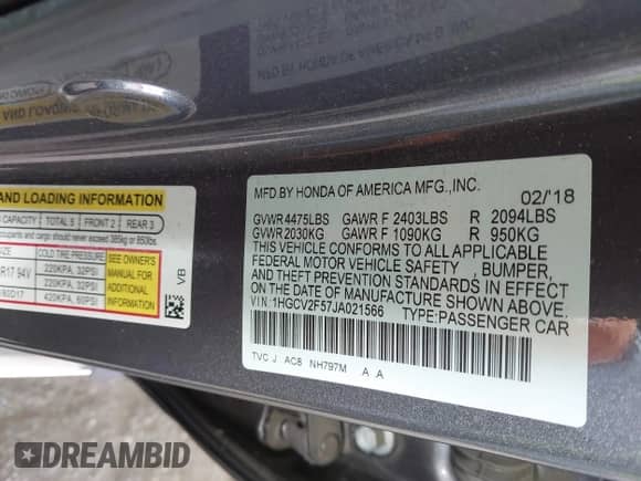 2018 Honda Accord EX-L with VIN 1HGCV2F57JA021566, listed as a IAAI auction lot 42772915 with 132,552 mi miles and . Bid and sale history available at DreamBid. Image 9.
