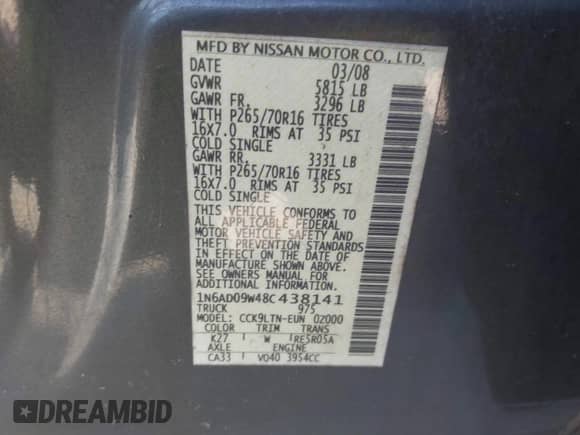 2008 Nissan Frontier SE с VIN 1N6AD09W48C438141, выставлен на аукционе IAAI как лот 43353732 с пробегом 178 046 миль миль и . История ставок и продаж доступна на DreamBid. Изображение 9.