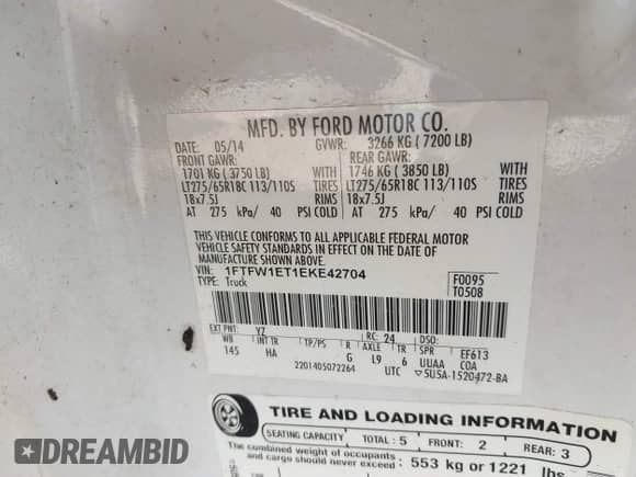 2014 Ford F-150 XL с VIN 1FTFW1ET1EKE42704, выставлен на аукционе IAAI как лот 43338279 с пробегом 251 371 миль миль и . История ставок и продаж доступна на DreamBid. Изображение 9.