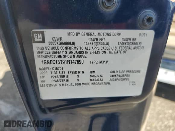 2001 Chevrolet Tahoe LS with VIN 1GNEC13T91R147690, listed as a Copart auction lot 80891305 with 219,857 mi miles and Salvage title. Bid and sale history available at DreamBid. Image 13.