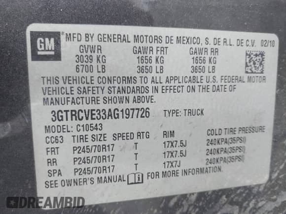 2010 GMC Sierra 1500 with VIN 3GTRCVE33AG197726, listed as a IAAI auction lot 42267798 with 116,831 mi miles and . Bid and sale history available at DreamBid. Image 8.