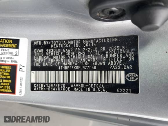 2015 Toyota Camry SE with VIN 4T1BF1FK0FU977058, listed as a Copart auction lot 81936515 with 40,453 mi miles and Salvage title. Bid and sale history available at DreamBid. Image 12.