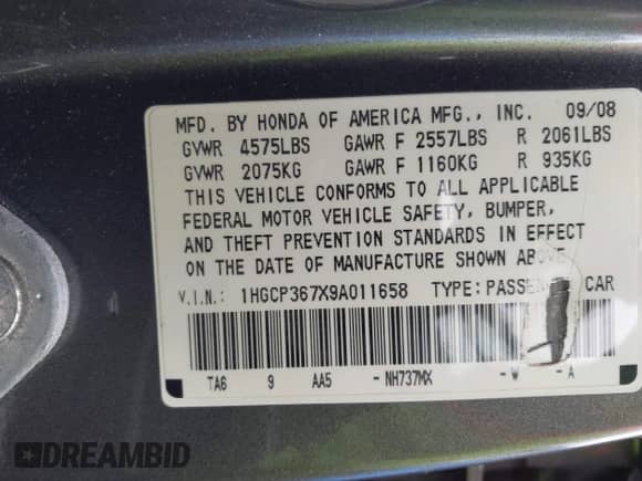 2009 Honda Accord EX с VIN 1HGCP367X9A011658, выставлен на аукционе IAAI как лот 43401639 с пробегом 274 649 миль миль и . История ставок и продаж доступна на DreamBid. Изображение 9.