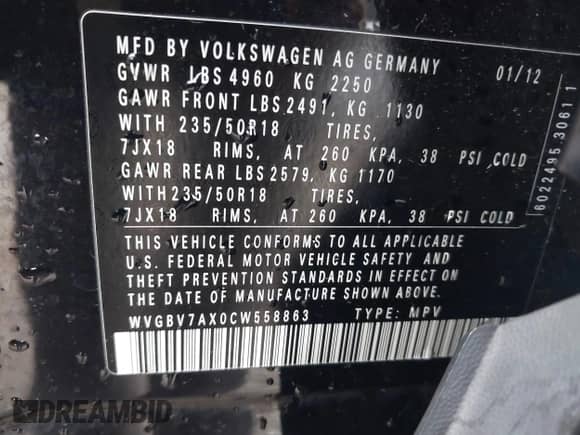 2012 Volkswagen Tiguan SE с VIN WVGBV7AX0CW558863, выставлен на аукционе IAAI как лот 42285870 с пробегом 158 521 миль миль и . История ставок и продаж доступна на DreamBid. Изображение 9.