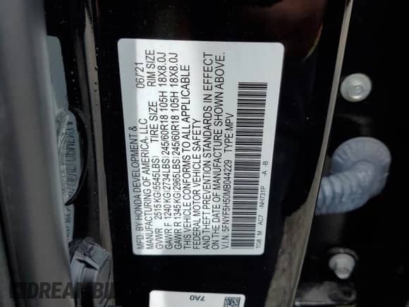 2021 Honda Pilot EX-L with VIN 5FNYF5H50MB044229, listed as a Copart auction lot 62938435 with 54,965 mi miles and Salvage title. Bid and sale history available at DreamBid. Image 13.