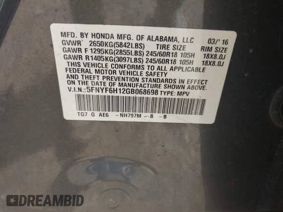 2016 Honda Pilot LX z VIN 5FNYF6H12GB068698, wystawiony jako IAAI lot #42739636 z przebiegiem 172 706 mil mil oraz . Historia ofert i sprzedaży dostępna na DreamBid. Obrazek 9.