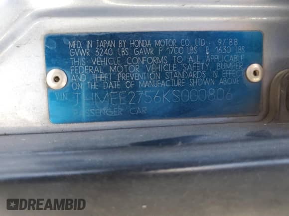 1989 Honda Civic с VIN JHMEE2756KS000806, выставлен на аукционе Copart как лот 66640005 с пробегом 103 231 миль миль и Списание • Salvage title. История ставок и продаж доступна на DreamBid. Изображение 12.