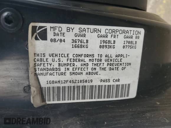 2005 Saturn ION ION 2 с VIN 1G8AN12F45Z105019, выставлен на аукционе Copart как лот 55380314 с пробегом 173 681 миль миль и На запчасти • Non repairable. История ставок и продаж доступна на DreamBid. Изображение 12.