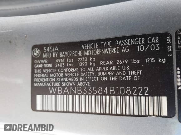 2004 BMW 5 Series 545i с VIN WBANB33584B108222, выставлен на аукционе IAAI как лот 42322620 с пробегом 153 196 миль миль и . История ставок и продаж доступна на DreamBid. Изображение 9.