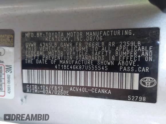 2007 Toyota Camry CE с VIN 4T1BE46K87U555545, выставлен на аукционе IAAI как лот 43314736 с пробегом 213 063 миль миль и . История ставок и продаж доступна на DreamBid. Изображение 9.