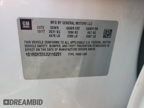 2018 Chevrolet Volt Premier с VIN 1G1RD6S59JU116291, выставлен на аукционе Copart как лот 81160455 с пробегом 34 011 миль миль и Списание • Salvage title. История ставок и продаж доступна на DreamBid. Изображение 12.