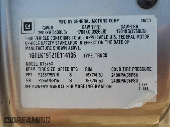 2001 GMC Sierra 1500 SLE с VIN 1GTEK19T21E114136, выставлен на аукционе Copart как лот 70085495 с пробегом 211 655 миль миль и Списание • Salvage title. История ставок и продаж доступна на DreamBid. Изображение 12.