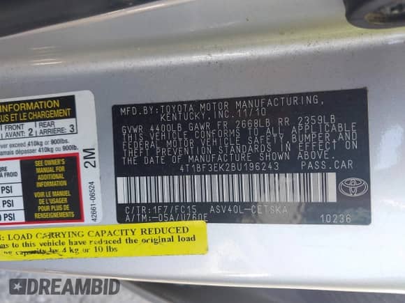 2011 Toyota Camry LE with VIN 4T1BF3EK2BU196243, listed as a IAAI auction lot 43351225 with 189,000 mi miles and . Bid and sale history available at DreamBid. Image 9.