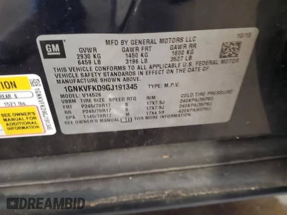 2016 Chevrolet Traverse LS с VIN 1GNKVFKD9GJ191345, выставлен на аукционе Copart как лот 83765765 с пробегом 95 775 миль миль и Списание • Salvage title. История ставок и продаж доступна на DreamBid. Изображение 13.