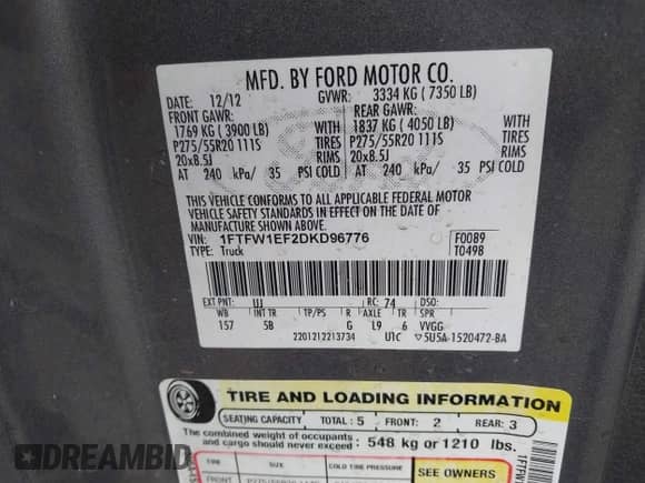 2013 Ford F-150 XL with VIN 1FTFW1EF2DKD96776, listed as a IAAI auction lot 43188817 with 203,850 mi miles and . Bid and sale history available at DreamBid. Image 9.