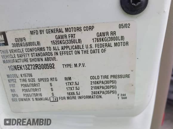 2002 Chevrolet Tahoe Z71 с VIN 1GNEK13Z72R300592, выставлен на аукционе IAAI как лот 41781439 с пробегом 229 028 миль миль и . История ставок и продаж доступна на DreamBid. Изображение 9.