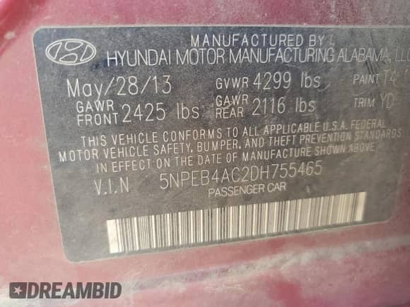 2013 Hyundai Sonata GLS z VIN 5NPEB4AC2DH755465, wystawiony jako Copart lot #59641924 z przebiegiem 251 638 mil mil oraz Szkoda całkowita • Salvage title. Historia ofert i sprzedaży dostępna na DreamBid. Obrazek 14.