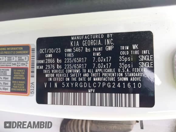 2023 Kia Sorento LX with VIN 5XYRGDLC7PG241610, listed as a IAAI auction lot 43175264 with 45,289 mi miles and . Bid and sale history available at DreamBid. Image 9.