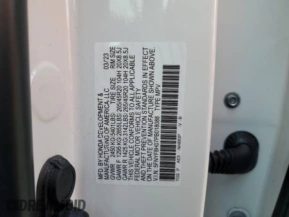 2023 Honda Passport Elite с VIN 5FNYF8H07PB018088, выставлен на аукционе Copart как лот 61335205 с пробегом 44 129 миль миль и Списание • Salvage title. История ставок и продаж доступна на DreamBid. Изображение 13.