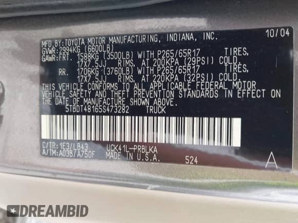 2005 Toyota Tundra Limited с VIN 5TBDT48165S473282, выставлен на аукционе IAAI как лот 43382606 с пробегом 166 678 миль миль и . История ставок и продаж доступна на DreamBid. Изображение 9.
