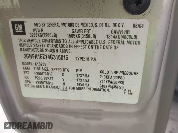2004 Chevrolet Suburban LS z VIN 3GNFK16Z14G316015, wystawiony jako IAAI lot #43213272 z przebiegiem 106 147 mil mil oraz . Historia ofert i sprzedaży dostępna na DreamBid. Obrazek 9.