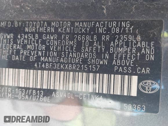 2011 Toyota Camry LE z VIN 4T4BF3EKXBR215157, wystawiony jako IAAI lot #43402109 z przebiegiem 216 833 mil mil oraz . Historia ofert i sprzedaży dostępna na DreamBid. Obrazek 9.