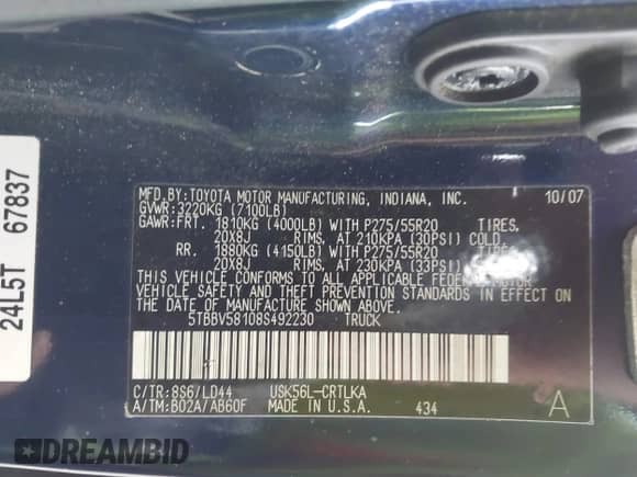 2008 Toyota Tundra Limited с VIN 5TBBV58108S492230, выставлен на аукционе IAAI как лот 41876590 с пробегом Не указан миль и . История ставок и продаж доступна на DreamBid. Изображение 9.