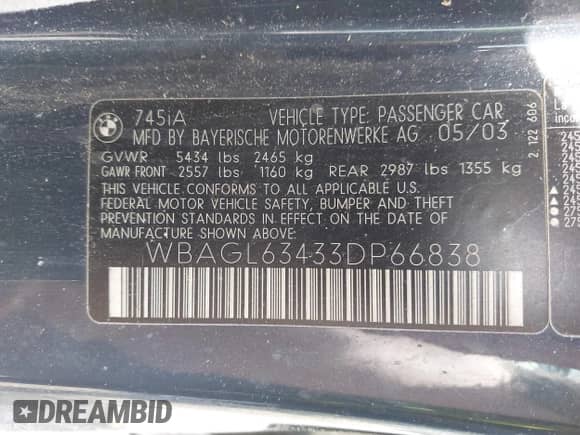 2003 BMW 7 Series 745i с VIN WBAGL63433DP66838, выставлен на аукционе IAAI как лот 42548738 с пробегом Не указан миль и . История ставок и продаж доступна на DreamBid. Изображение 9.