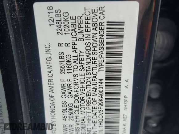 2019 Honda Accord Touring with VIN 1HGCV3F99KA003144, listed as a Copart auction lot 85099625 with 62,672 mi miles and Salvage title. Bid and sale history available at DreamBid. Image 12.