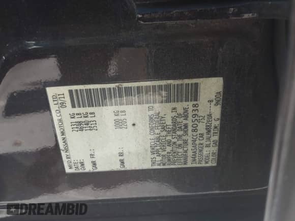 2012 Nissan Maxima S z VIN 1N4AA5AP4CC805938, wystawiony jako IAAI lot #43423540 z przebiegiem 182 388 mil mil oraz . Historia ofert i sprzedaży dostępna na DreamBid. Obrazek 9.