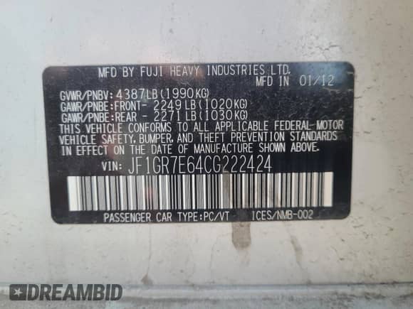 2012 Subaru WRX WRX Premium with VIN JF1GR7E64CG222424, listed as a Copart auction lot 80838525 with 186,464 mi miles and Clean title. Bid and sale history available at DreamBid. Image 10.